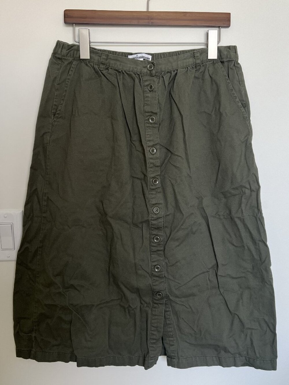 Button Front Army Green Midi Skirt